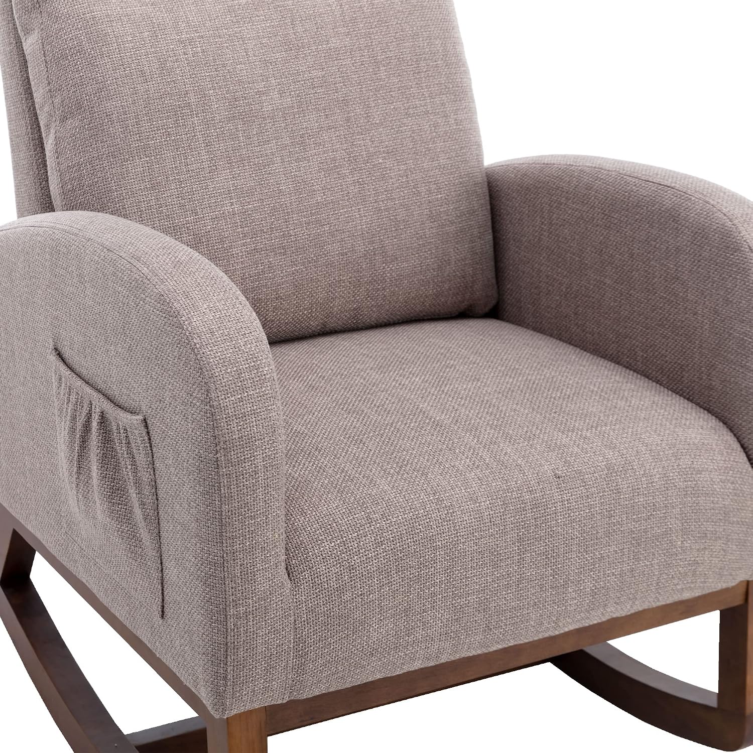 Modern Rocking Chair with Breathable Yellow Linen & Solid Wood Legs - Recliner Glider Armchair Featuring Side Pocket, High Back Support for Nursery, Living Room, Bedroom (Grey)