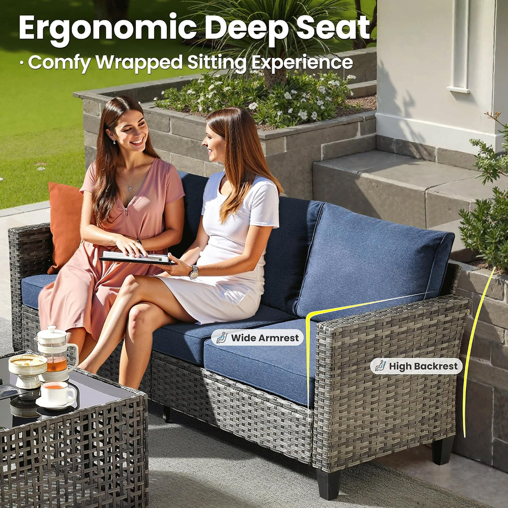 ovios 6 Pieces Patio Furniture Set Outdoor Sofa Couch with Solar Lights Table Comfy Cushions, Modern Deep Seat Wicker Rattan Conversation Set for Porch Deck, Denim Blue