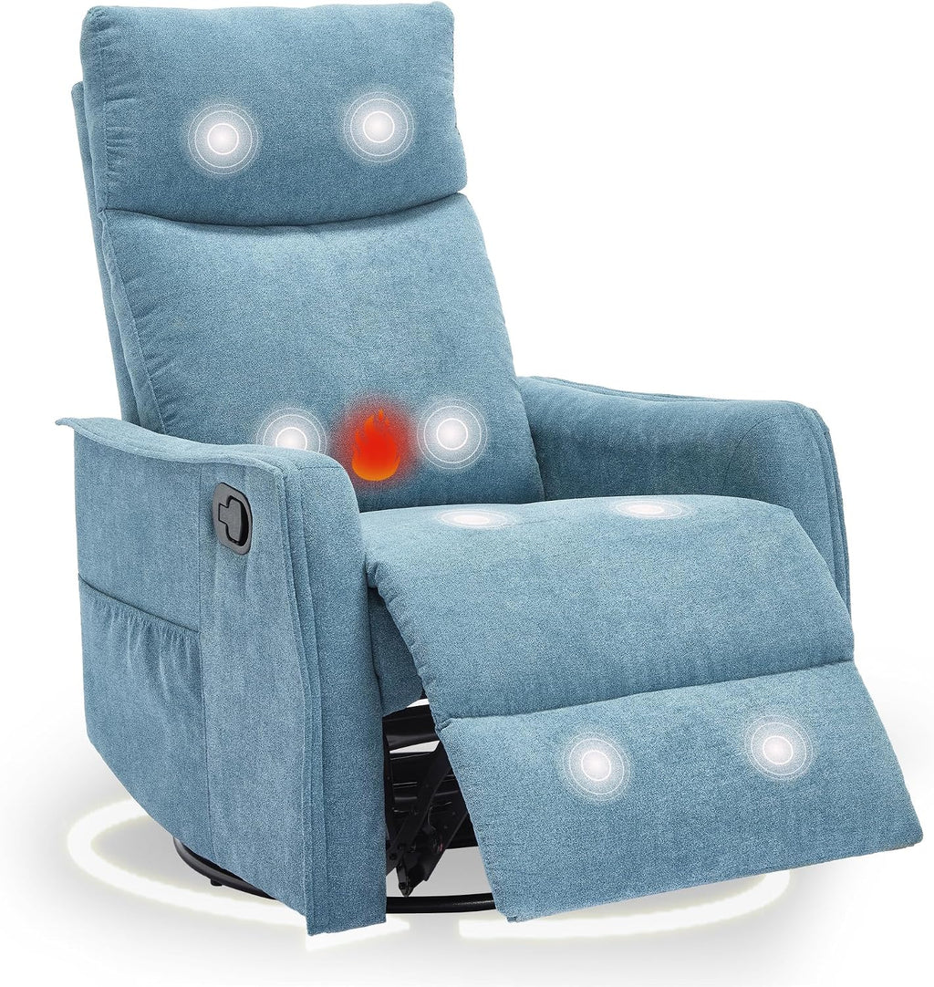cinkehome Swivel Rocker Recliner Chair with Heated Massage, Rocking Reclining Chairs for Nursery, Small Spaces, High Back, Side Pocket