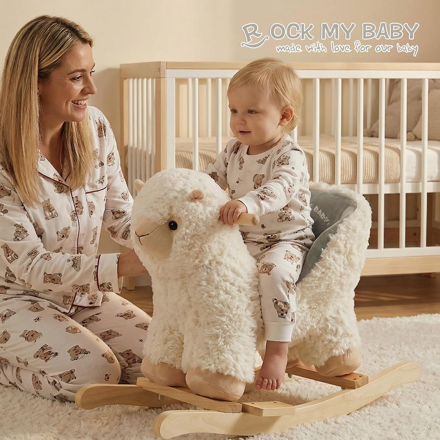 Rock My Baby Baby Rocking Horse Alpaca Llama with Chair, Plush Stuffed Animal Rocker for Toddlers 1-3, Wooden Rocking Toy Llama Animal, Cream Llama,CPC Certified