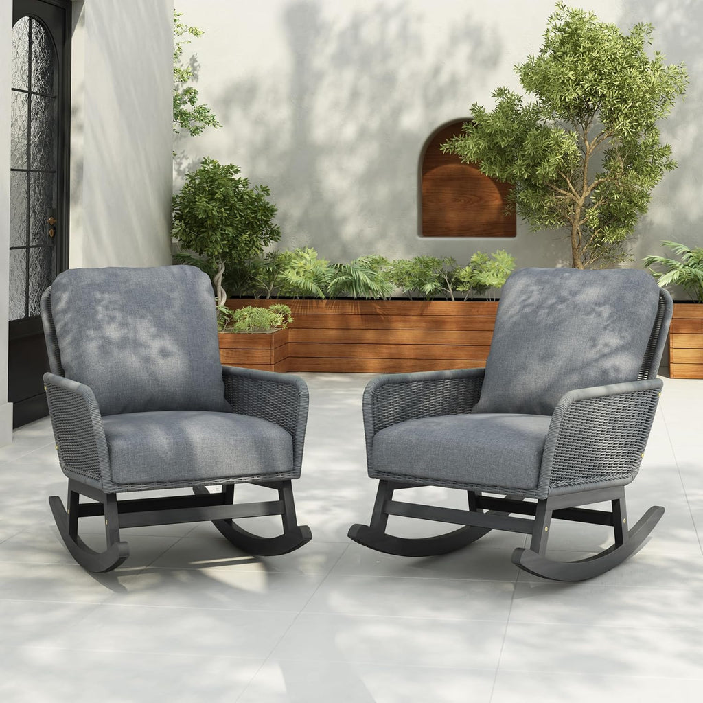 Christopher Knight Home Nadine Patio Rocking Chairs Set of 2, Wicker Rocker, Wood Rocking Chair, PE Rattan Wicker Chair, Rocking Chair with Cushions, Comfort Wicker Rocker for Backyard Balcony, Gray