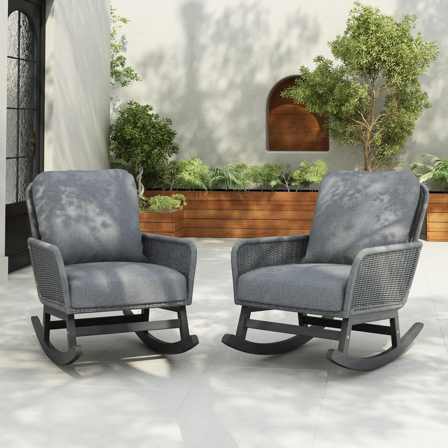 Christopher Knight Home Nadine Patio Rocking Chairs Set of 2, Wicker Rocker, Wood Rocking Chair, PE Rattan Wicker Chair, Rocking Chair with Cushions, Comfort Wicker Rocker for Backyard Balcony, Gray