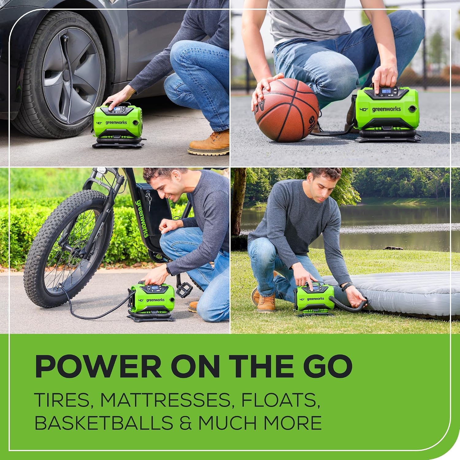 Greenworks 40V Cordless Tire Inflator, 160 PSI Portable Air Compressor, 2 Power Sources, Auto Shut Off, for Car, Bicycle, Motorcycle, Inflatables With 2.0 Ah USB (Power Bank) Battery & Charger