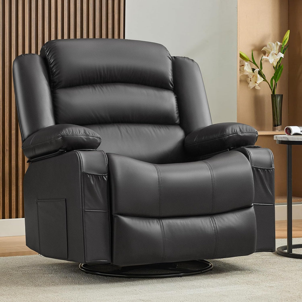Oversized Nursery Rocking Chairs with Heat and Massage, 360° Swivel Recliner Chair for Adults, Recliner Single Sofa Seat with Cup Holders, Lazy Boy Recliner Single Sofa (Oversized Manual, Black)