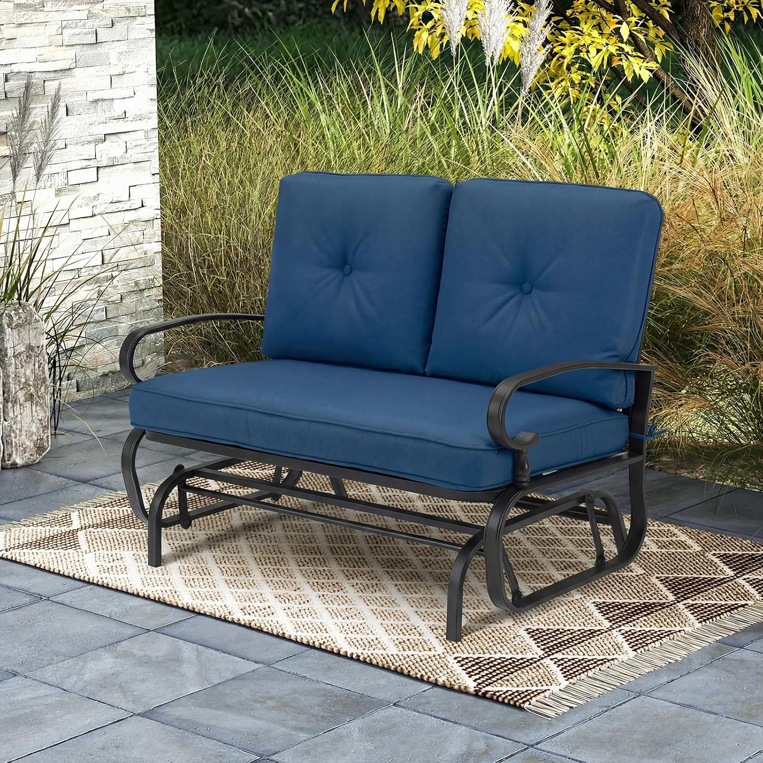 Tangkula Outdoor Swing Glider Chair, Patio Glider Bench for 2 Persons, Outdoor Rocking Loveseat with Steel Frame & Comfortable Cushions for Garden, Porch, Balcony, Poolside (Navy Blue)