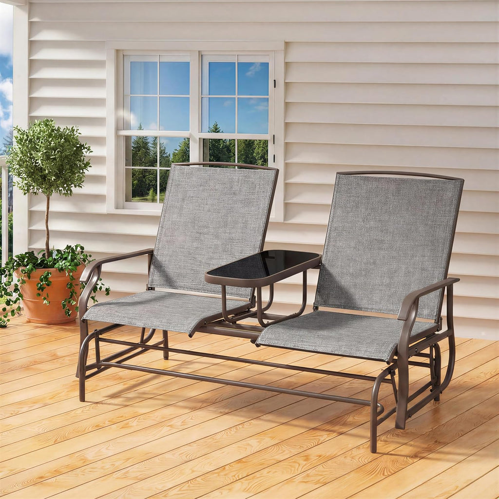 Yaheetech 2-Seat Outdoor Glider with Center Table, Patio Rocking Loveseat with Breathable Mesh Sturdy Metal Frame for Garden Pool Lawn, Gray
