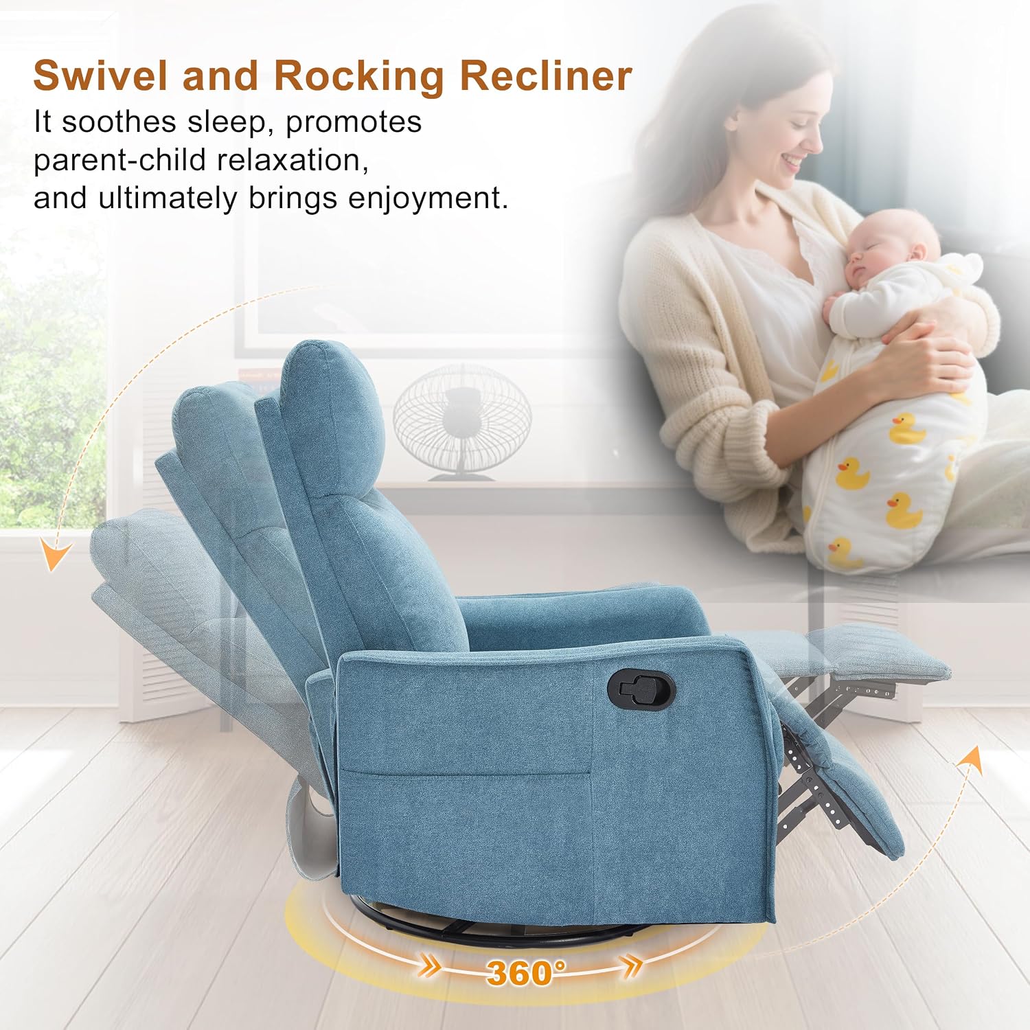 Manual 360° Swivel Rocker Recliner Chair for Adults, Overstuffed Glider Chair for Nursery with Vibration Massage and Heat, Comfy Soft Fabric Glider with Side Pockets for Living Room, Blue