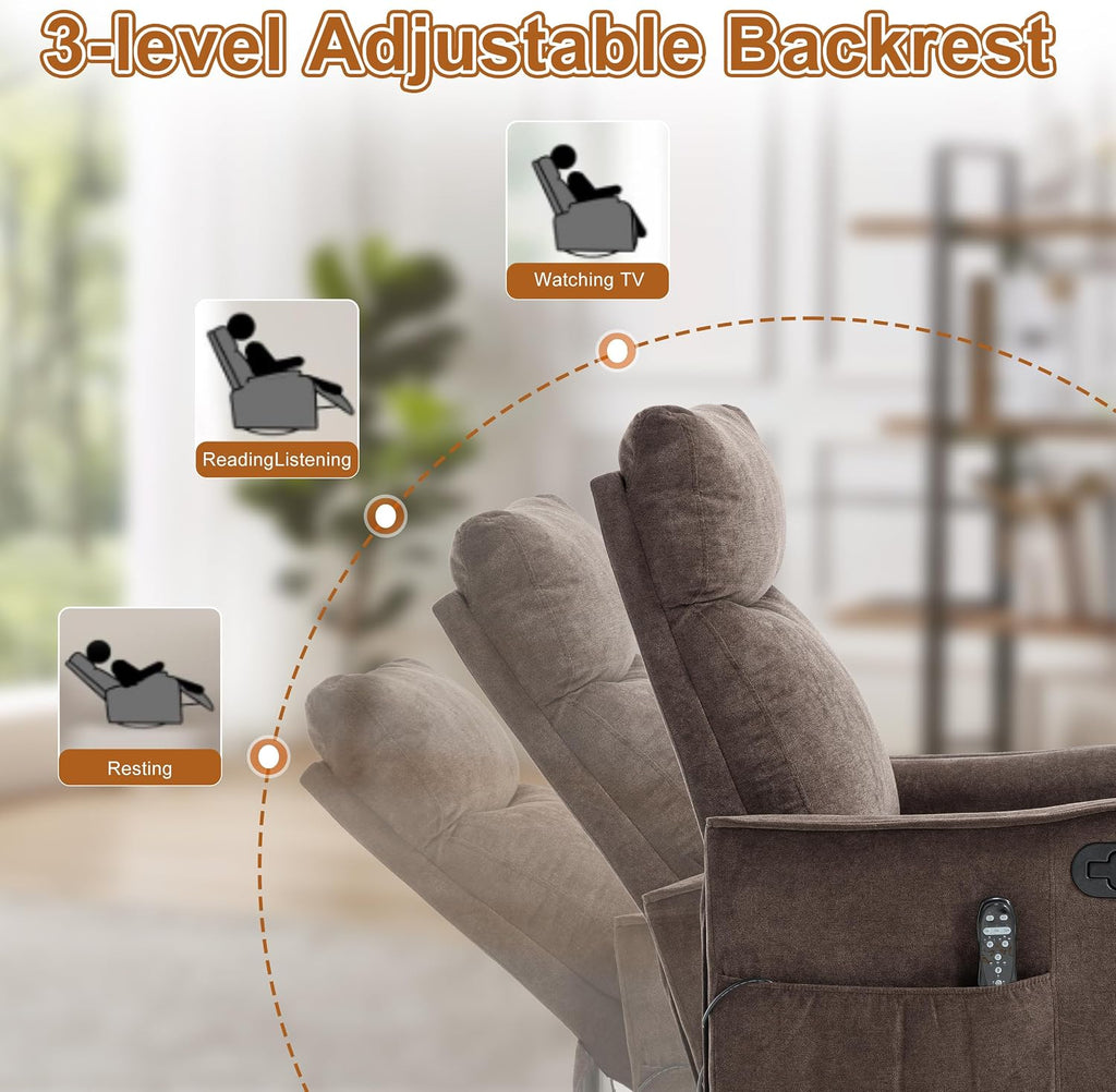 Manual 360° Swivel Rocker Recliner Chair for Adults, Overstuffed Glider Chair for Nursery with Vibration Massage & Heat, Comfy Soft Fabric Recliner Chair with Side Pockets for Living Room, Brown