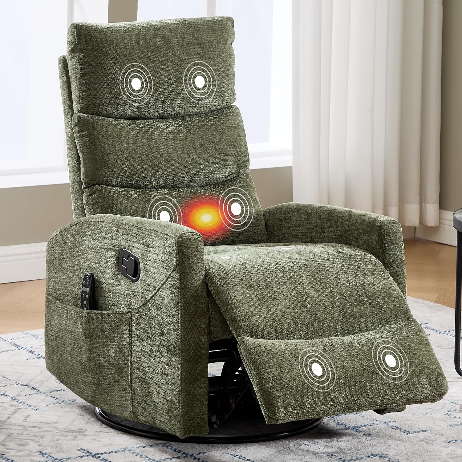 Manual Swivel Rocker Recliner Chair for Adults, Overstuffed Glider Chair for Nursing with Vibration Massage & Lumbar Heat, Living Room Rocking Recliner 3-Stage backrest, Chenille Fabric Green