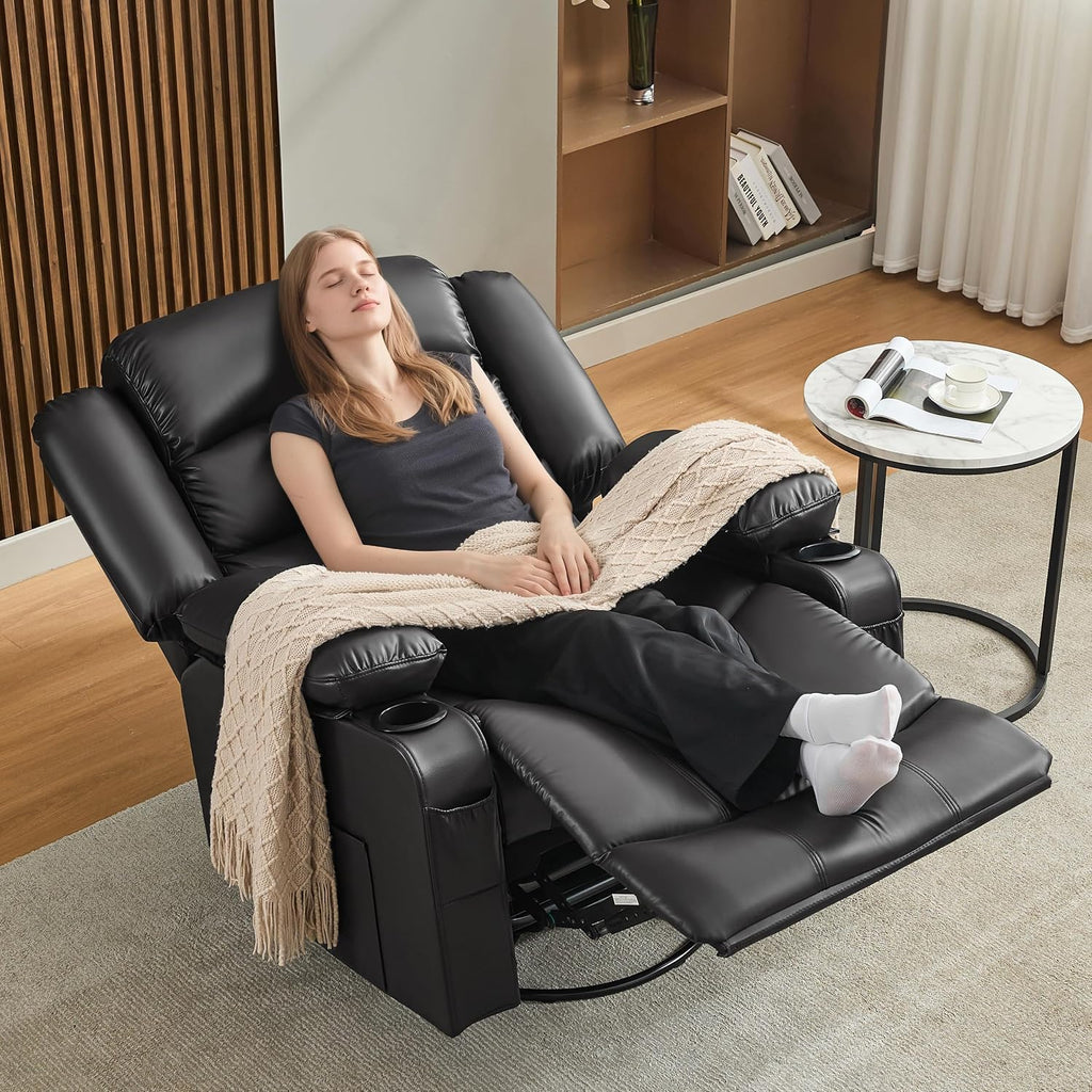 Oversized Nursery Rocking Chairs with Heat and Massage, 360° Swivel Recliner Chair for Adults, Recliner Single Sofa Seat with Cup Holders, Lazy Boy Recliner Single Sofa (Oversized Manual, Black)