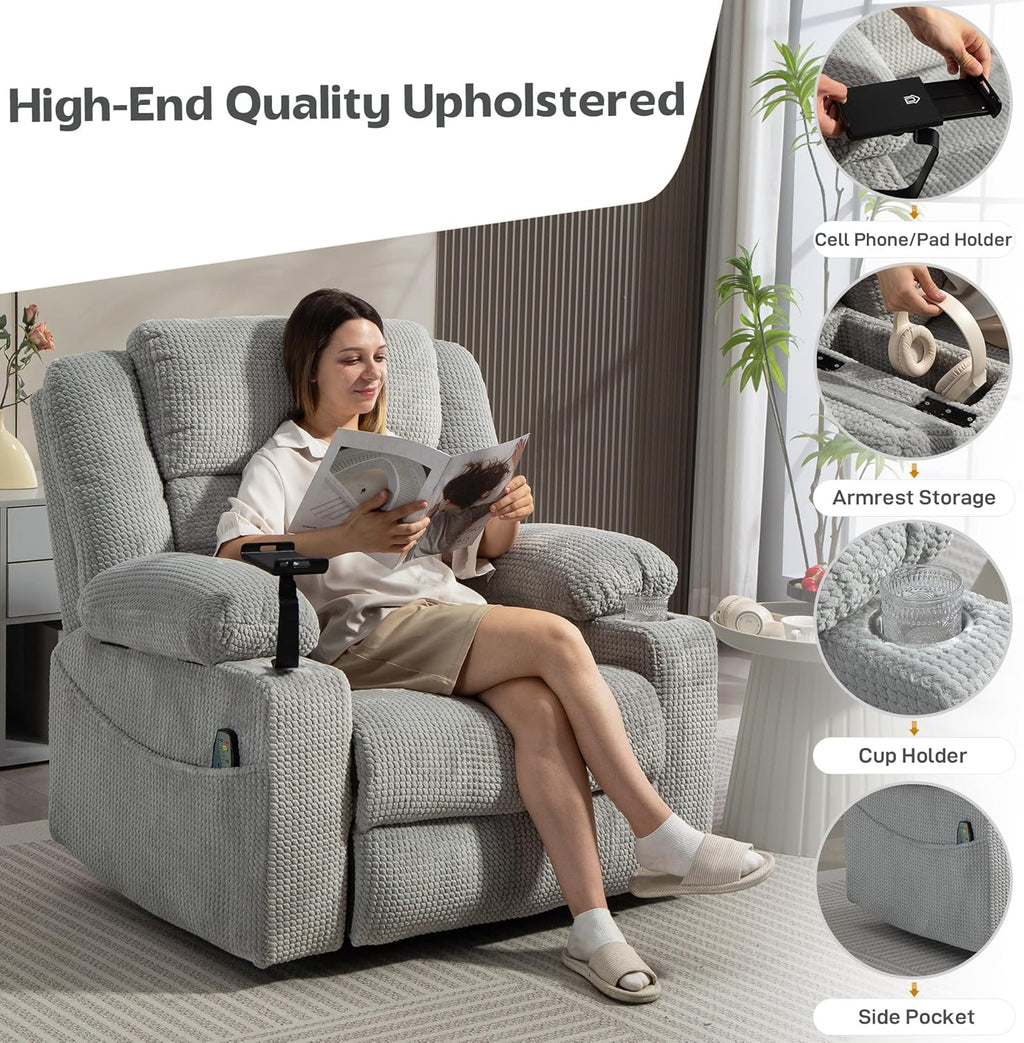 SINCRUMI Power Oversized Swivel Rocker Recliner with Dual Motor Adjustable Headrest for Adults, Glider Rocking Chair with Vibration and Heat, USB A&C Ports, Armrest Storage, Cup Holder, Light Grey