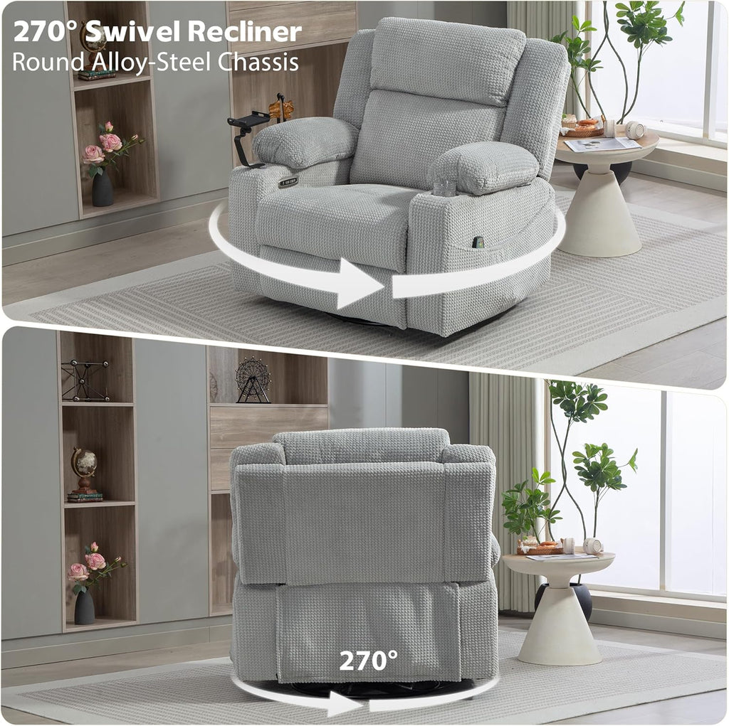 SINCRUMI Power Oversized Swivel Rocker Recliner with Dual Motor Adjustable Headrest for Adults, Glider Rocking Chair with Vibration and Heat, USB A&C Ports, Armrest Storage, Cup Holder, Light Grey