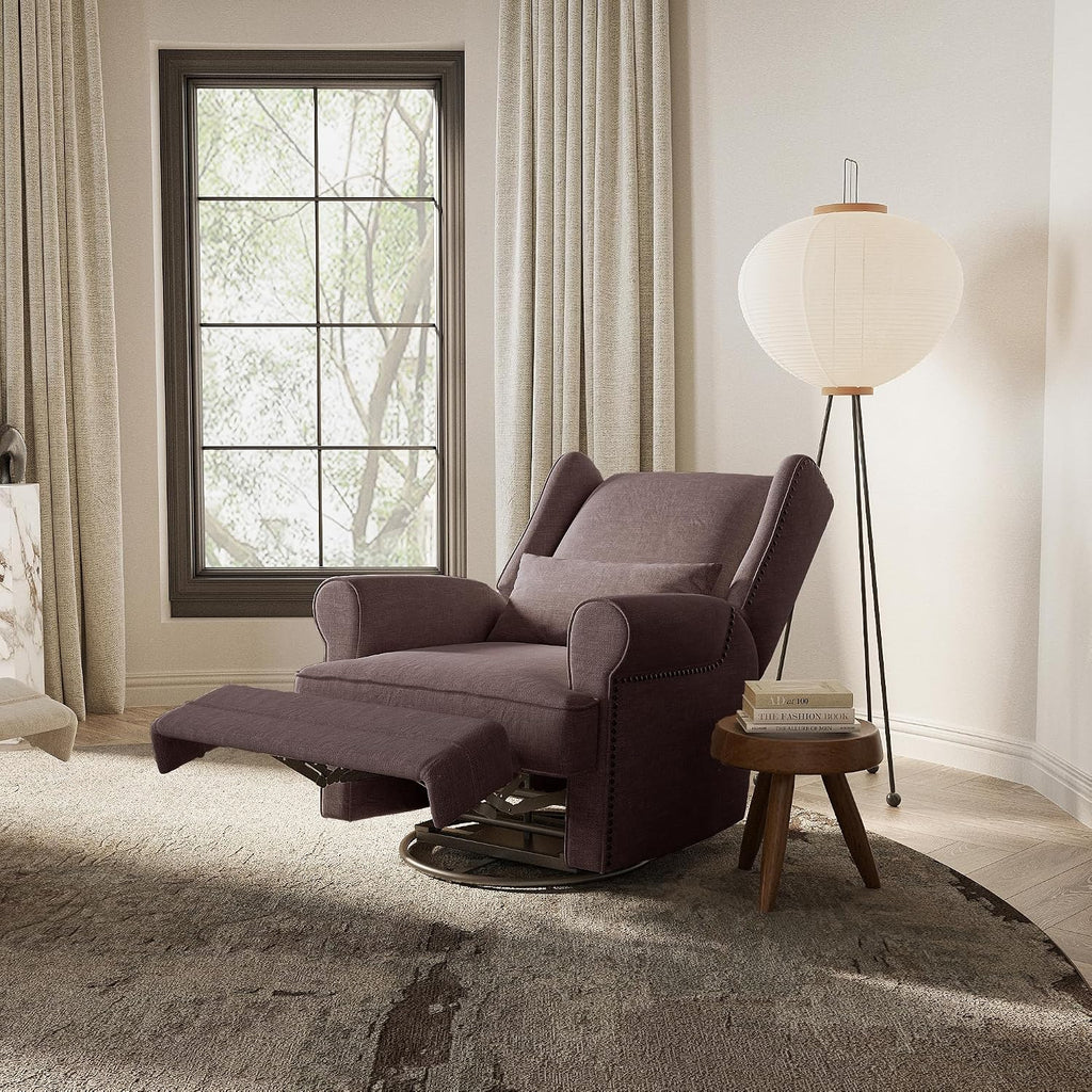 RoyalCraft Swivel Recliner Chair, Comfy Glider Rocking Chairs with Lumbar Pillow and Footrest, Upholstered Swivel Rocking Chair for Living Room, Bedroom, Brown
