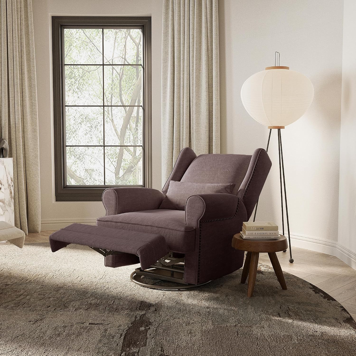 RoyalCraft Swivel Recliner Chair, Comfy Glider Rocking Chairs with Lumbar Pillow and Footrest, Upholstered Swivel Rocking Chair for Living Room, Bedroom, Brown
