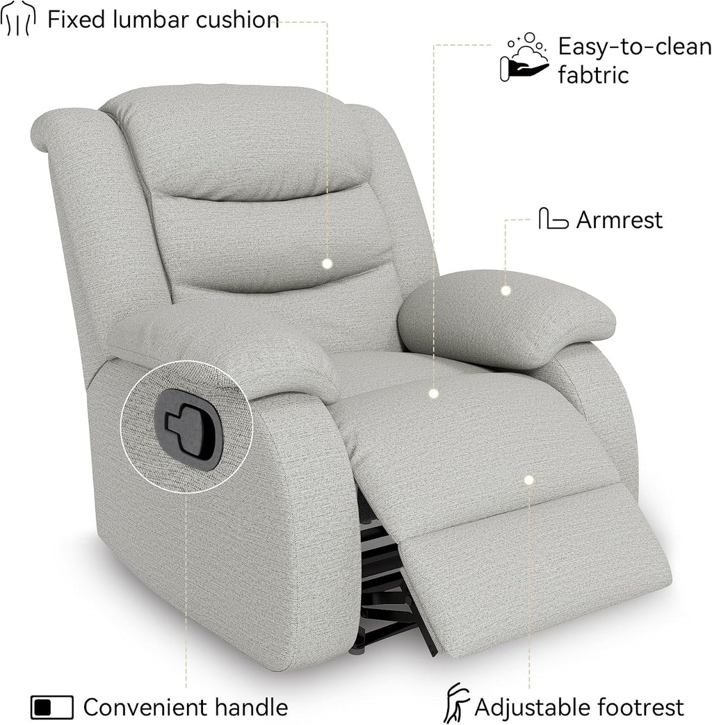 Oversized Fabric Recliner Chair, Overstuffed Manual Recliner Chair Single Sofa with Comfortable Arm and Backrest, Comfty Home Theater Seating for Living Room, Meeting Room, Bedroom, Light Grey