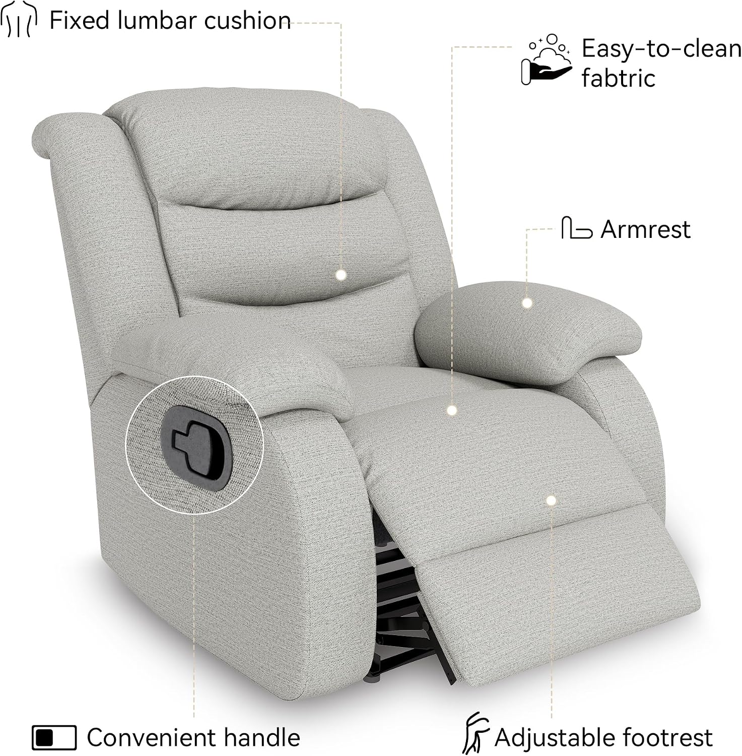 Oversized Fabric Recliner Chair, Overstuffed Manual Recliner Chair Single Sofa with Comfortable Arm and Backrest, Comfty Home Theater Seating for Living Room, Meeting Room, Bedroom, Light Grey