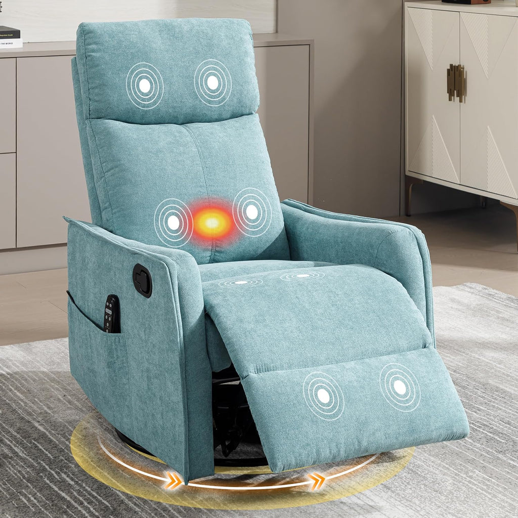 Manual 360° Swivel Rocker Recliner Chair for Adults, Overstuffed Glider Chair for Nursery with Vibration Massage & Heat, Comfy Soft Fabric Recliner Chair with Side Pockets for Living Room, Blue Green