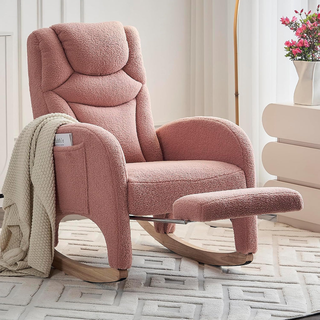 Rocking Chair with Foot Rest, Nursery Glider Teddy Gliding Rocking Chair with Retractable Footrest Rubber Wood Legs Side Pocket High Back & Wide Seat Nursing Chair for Living Room (Pink)