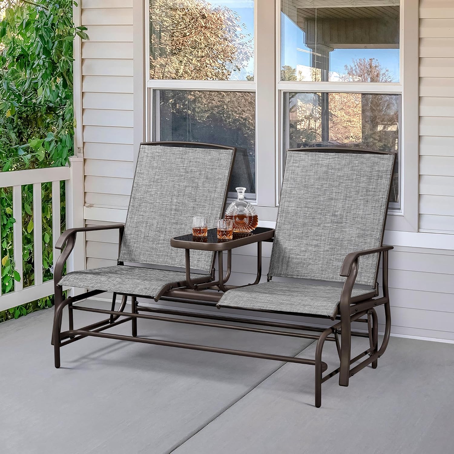 Yaheetech 2-Seat Outdoor Glider with Center Table, Patio Rocking Loveseat with Breathable Mesh Sturdy Metal Frame for Garden Pool Lawn, Gray