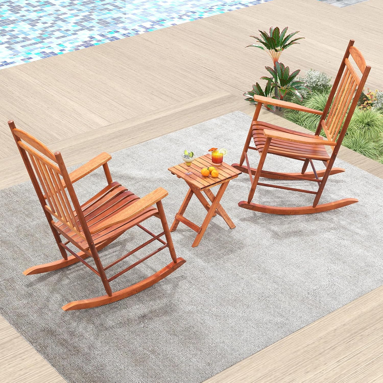 Tangkula 3-Piece Outdoor Poplar Wood Rocking Bistro Set, High Back Front Porch Rocker Chairs Conversation Set with Folding Coffee Table and Armrests, Outdoor Patio Furniture Set for Balcony Backyard