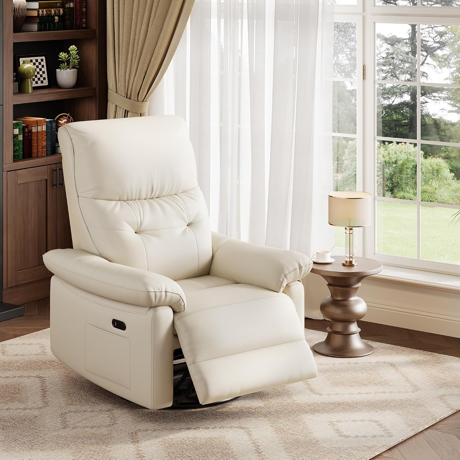 Power Recliner Chair, 270° Swivel Rocking Glider with USB Charging Port, PU Leather Upholstered Fabric and Button Tufted Backrest, Ergonomic Nursery Chair for Living Room (Cream)