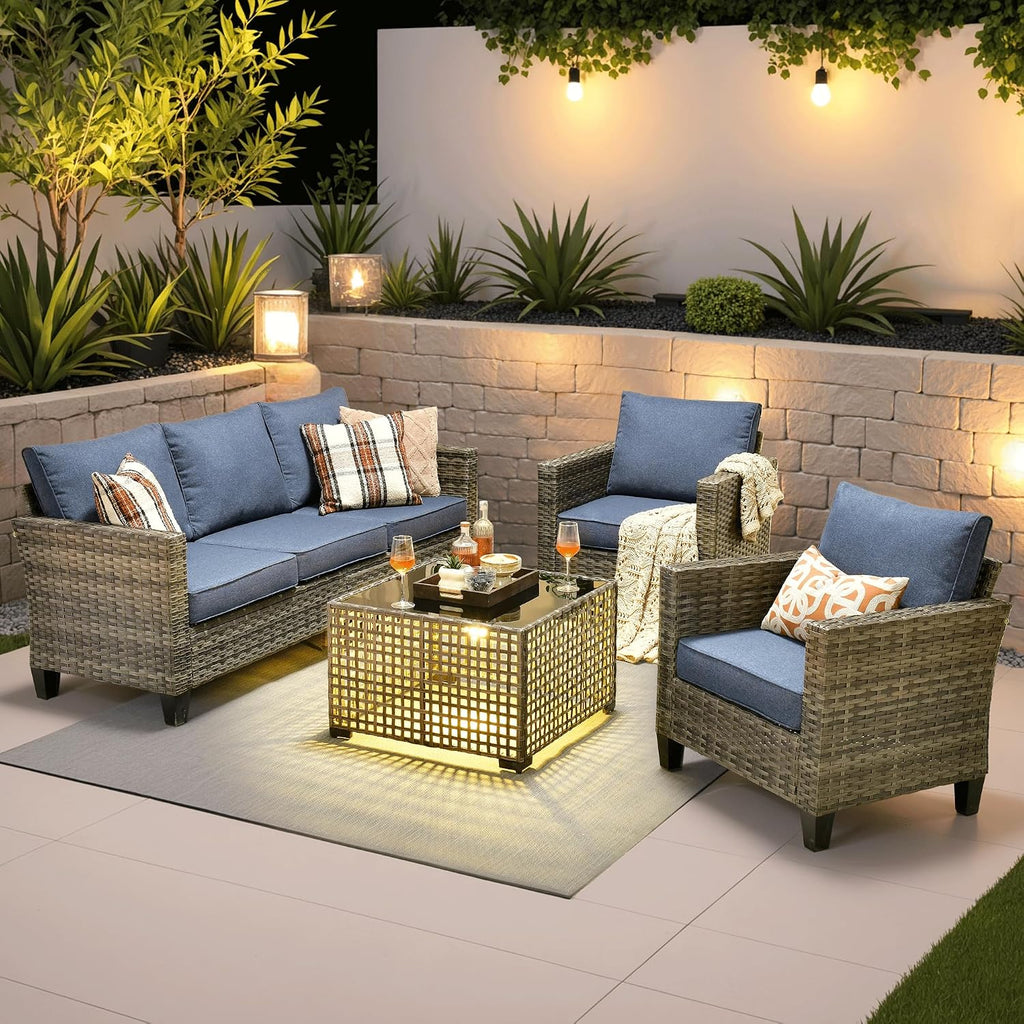 ovios 4 Pieces Patio Furniture Set Outdoor Sofa Couch with Solar Lights Table Comfy Cushions, Modern Deep Seat Wicker Rattan Conversation Set for Porch Deck, Denim Blue