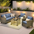 ovios 4 Pieces Patio Furniture Set Outdoor Sofa Couch with Solar Lights Table Comfy Cushions, Modern Deep Seat Wicker Rattan Conversation Set for Porch Deck, Denim Blue