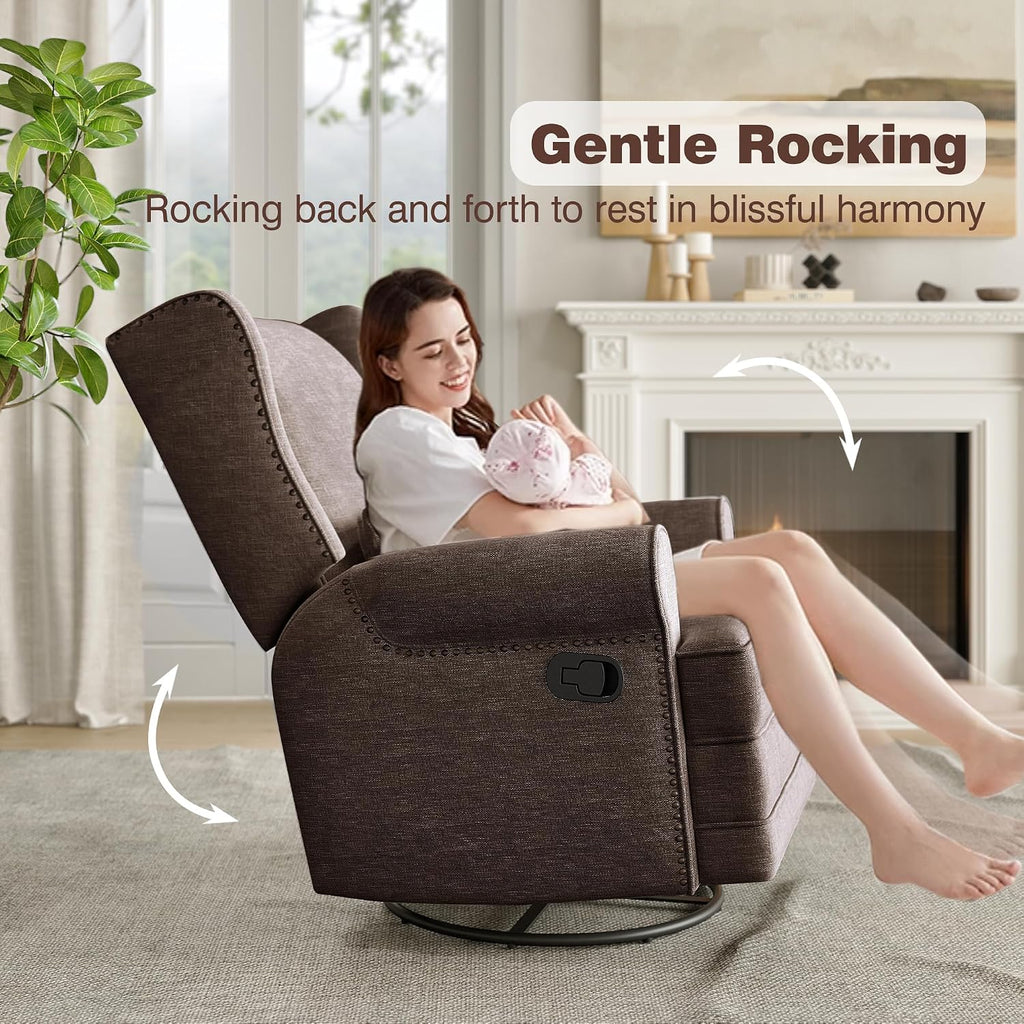 May in Color Nursery Glider Recliner, Comfy Upholstered Glider Chair with Lumbar Pillow and Footrest, Swivel Rocking Chair for Bedroom, Living Room, Brown
