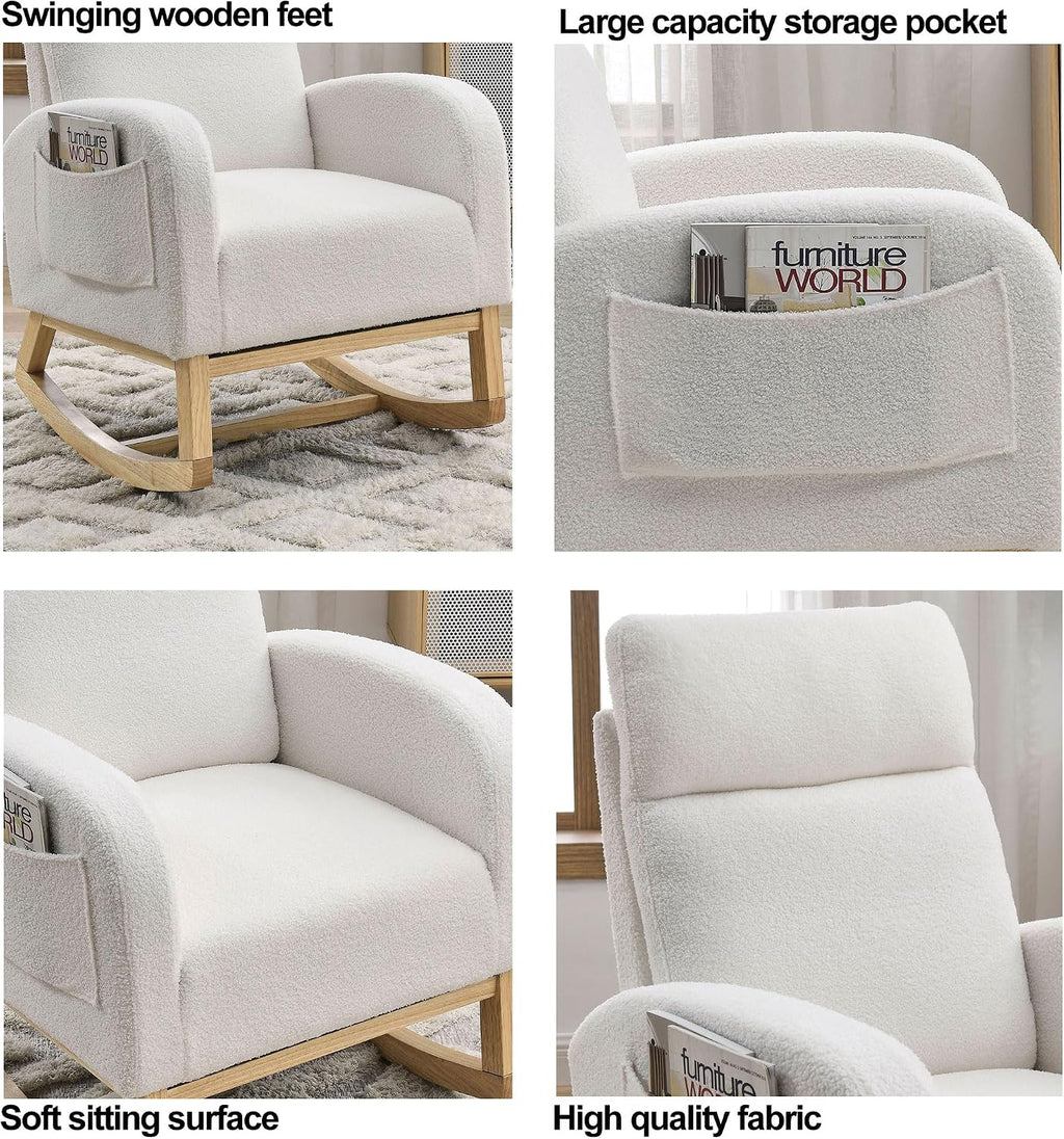 Nursery Rocking Chair Teddy Upholstered Accent Rocker Chair with High Backrest, Soft Rocker Glider Solid Rubber Wood Leg for Bedroom Living Room Nursing Room, Two Side Pocket, White Classic
