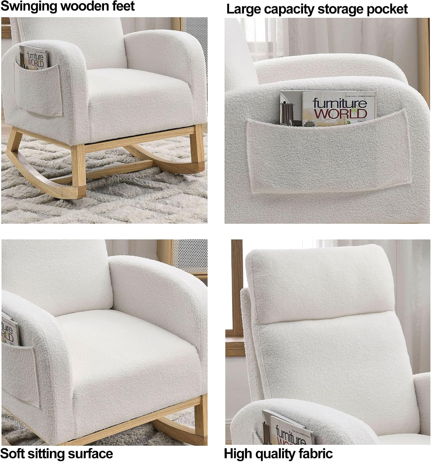 Nursery Rocking Chair Teddy Upholstered Accent Rocker Chair with High Backrest, Soft Rocker Glider Solid Rubber Wood Leg for Bedroom Living Room Nursing Room, Two Side Pocket, White Classic