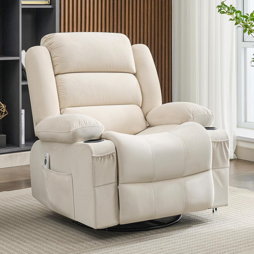 Rocker Recliner Chair with Heat and Massage, 360° Swivel Nursery Rocking Chairs for Adults, Oversized Recliner Single Sofa Seat with Cup Holders, Lazy Boy Recliner Single Sofa (Manual, Beige)