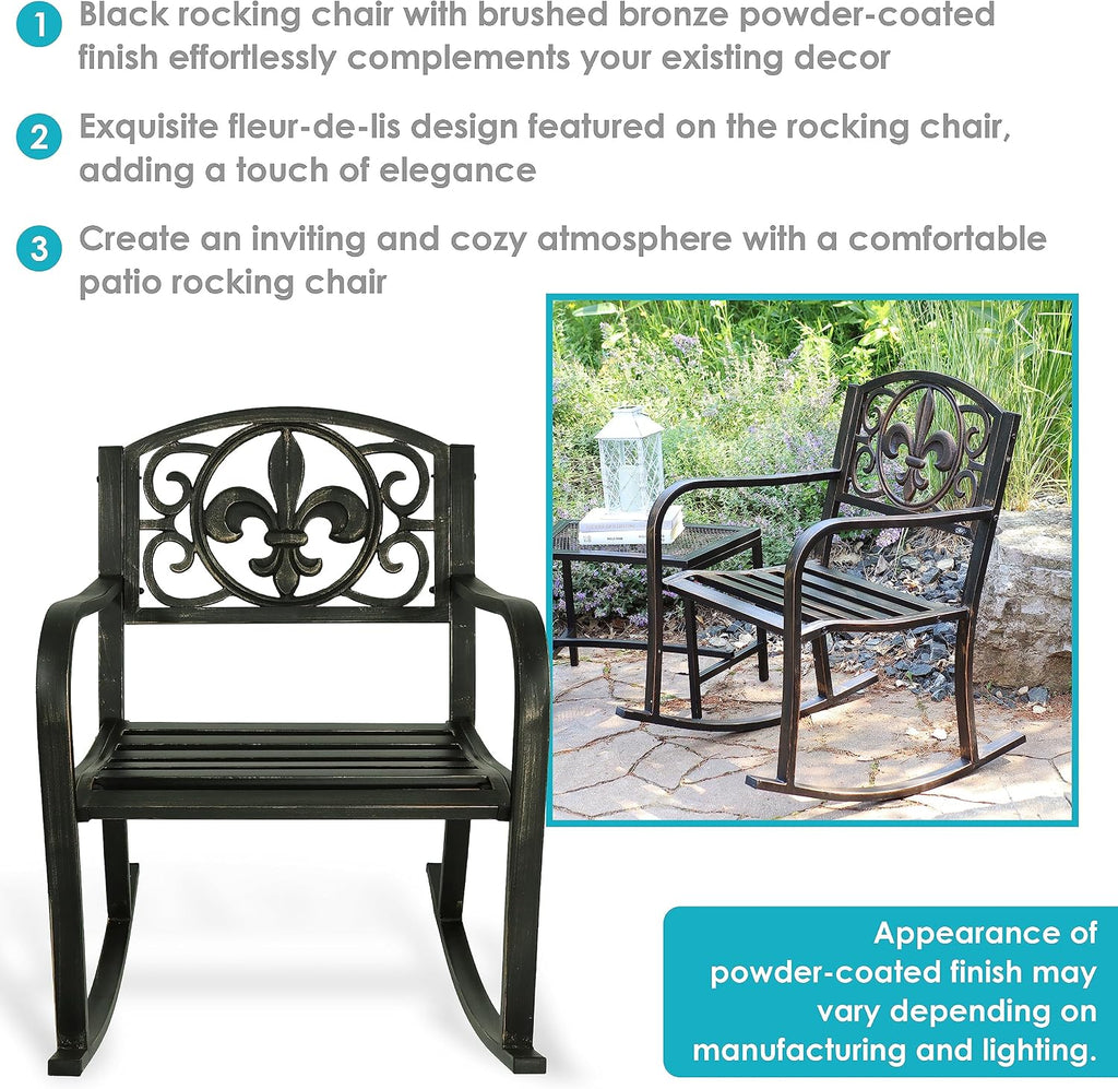 Sunnydaze Outdoor Rocking Chair for Lounging – Durable Metal Patio Chair with Cast Iron & Steel Frame – Ideal for Backyard, Lawn, or Garden – 275lb Capacity