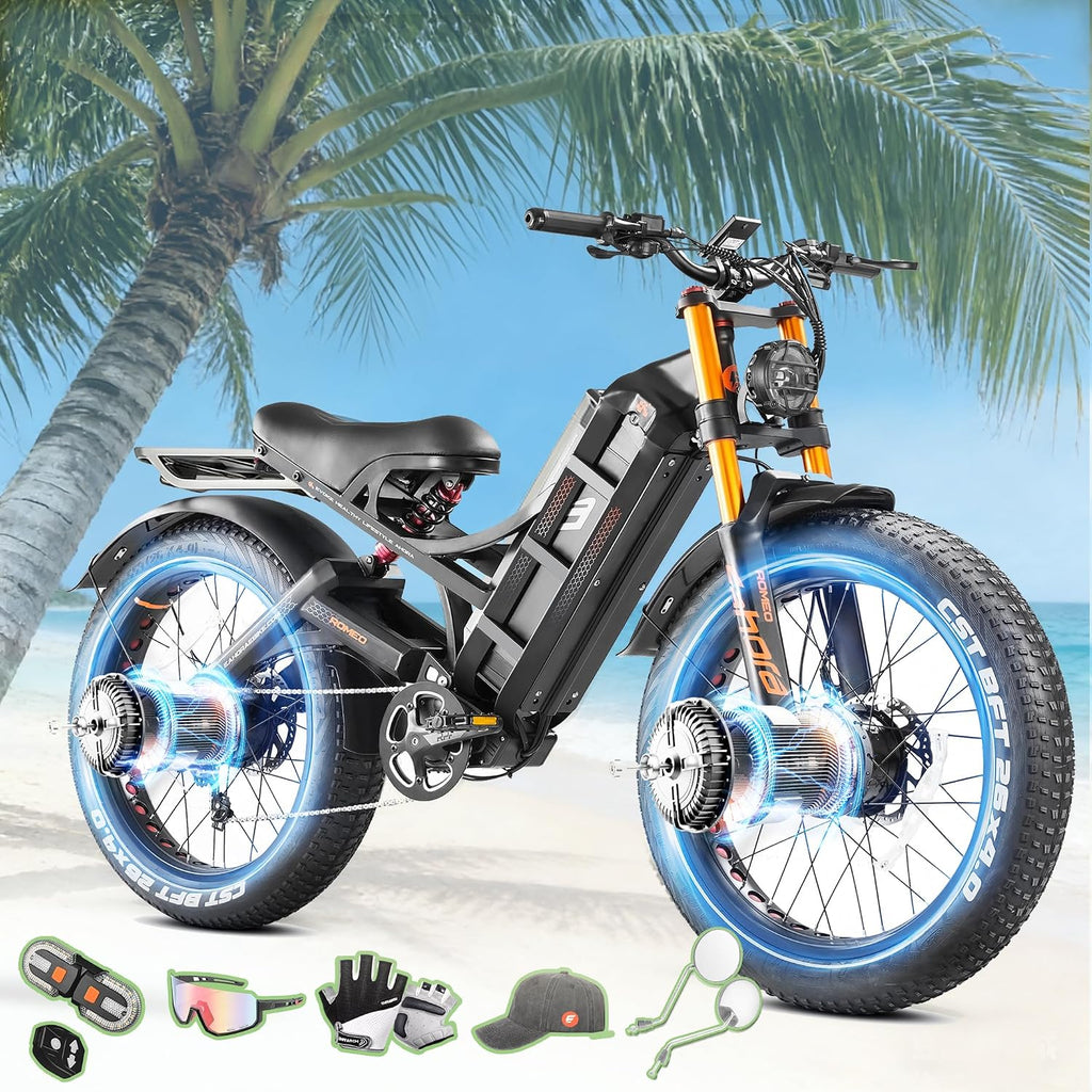 eAhora Romeo Pro 2 ebike-[2026 Latest] 46 MPH 4000W Dual Motor Ebike,52v 70Ah 200 Miles Long Range Electric Bike for Adults，26' Fat Tire Full Suspension Mountain Bike,Off-Road Fastest Electric Bike