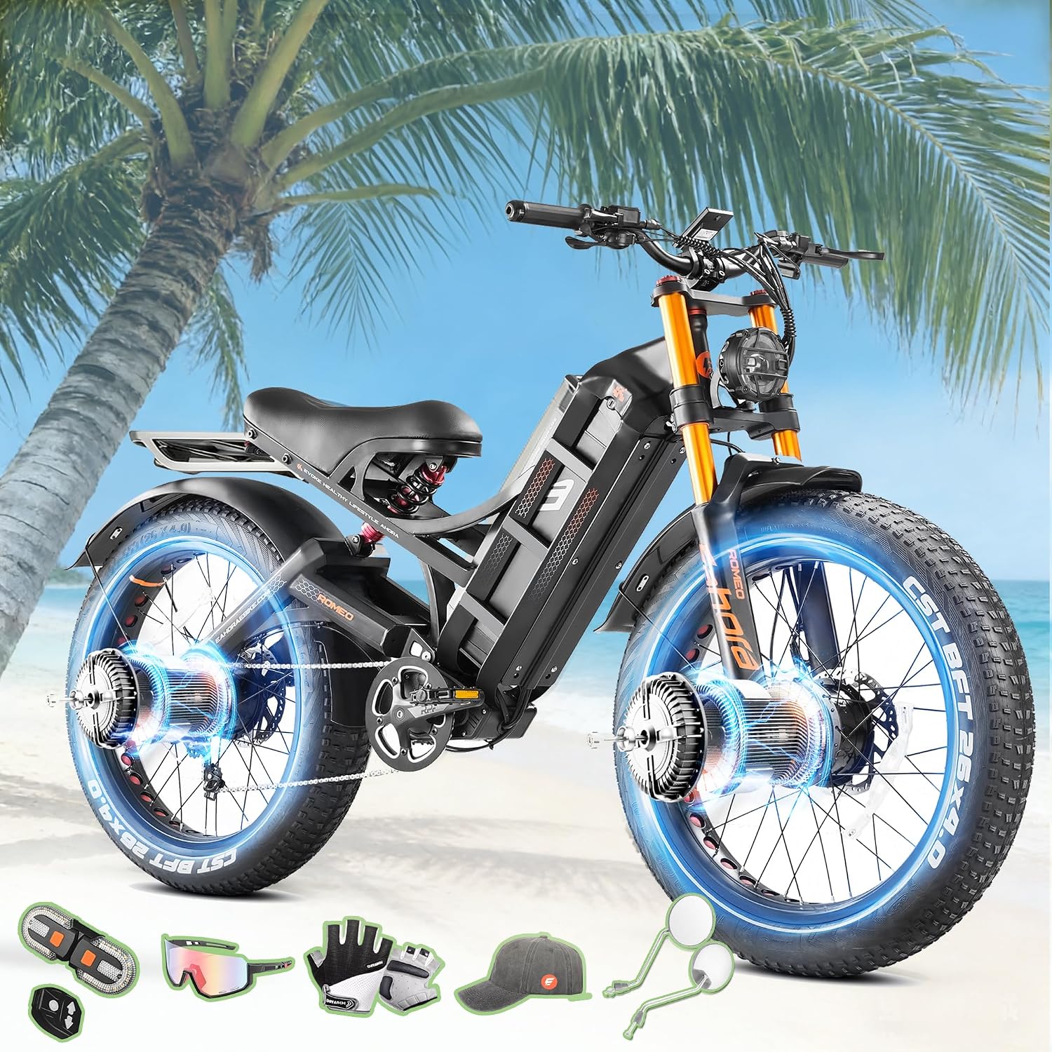eAhora Romeo Pro 2 ebike-[2026 Latest] 46 MPH 4000W Dual Motor Ebike,52v 70Ah 200 Miles Long Range Electric Bike for Adults，26' Fat Tire Full Suspension Mountain Bike,Off-Road Fastest Electric Bike