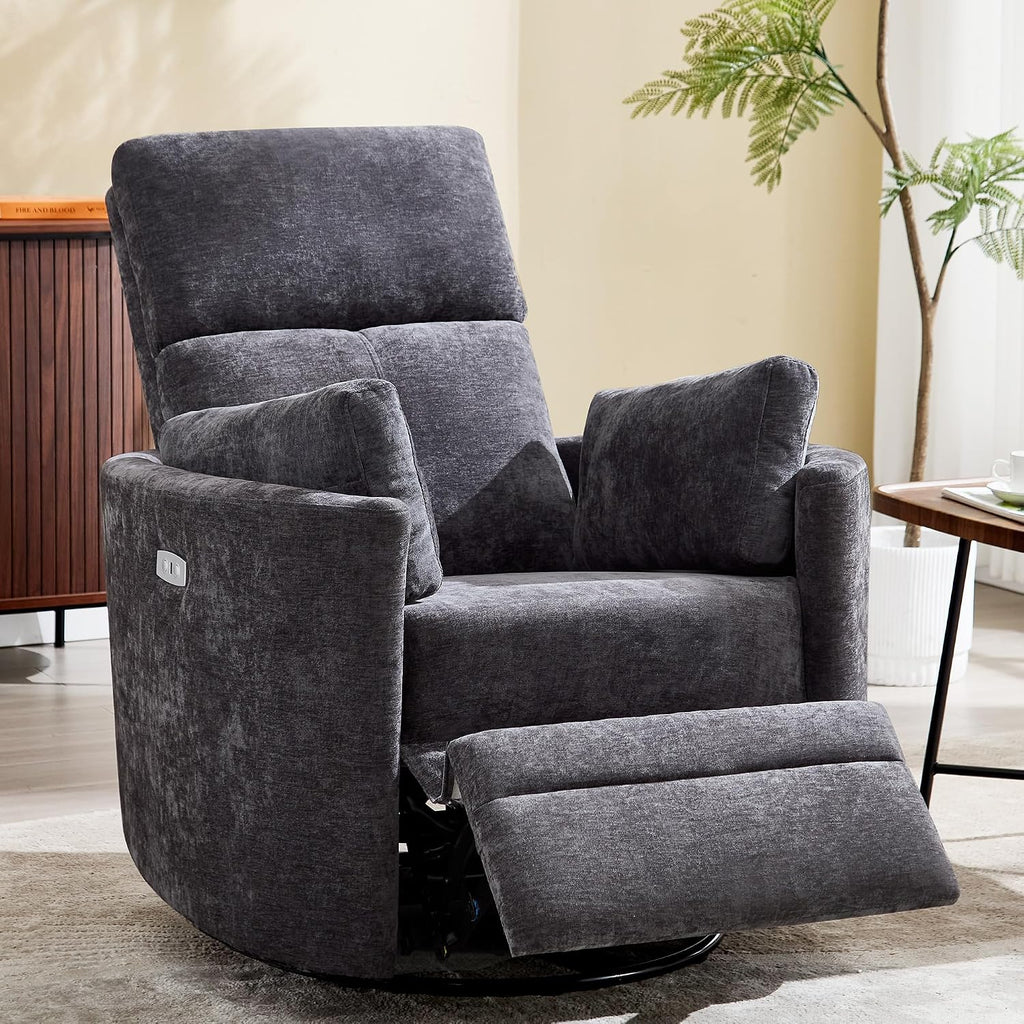 Power Recliner,Nursery Swivel Rocking Glider Chair with USB Port,Electric Upholstered Adult Recliner Rocking Chair with 2 Pillows for Living Room Bedroom (Drak Grey, Power-Driven)