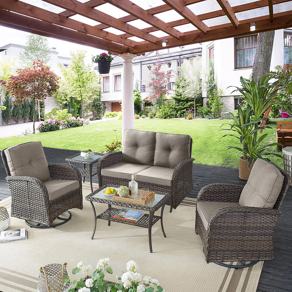 Belord 5 Piece Wicker Patio Furniture Set - Outdoor Conversation Sets with Deep Seating Swivel Rocker Chairs Loveseat and Rattan Coffee Table for Deck Backyard, Brown Wicker/Grey Cushion