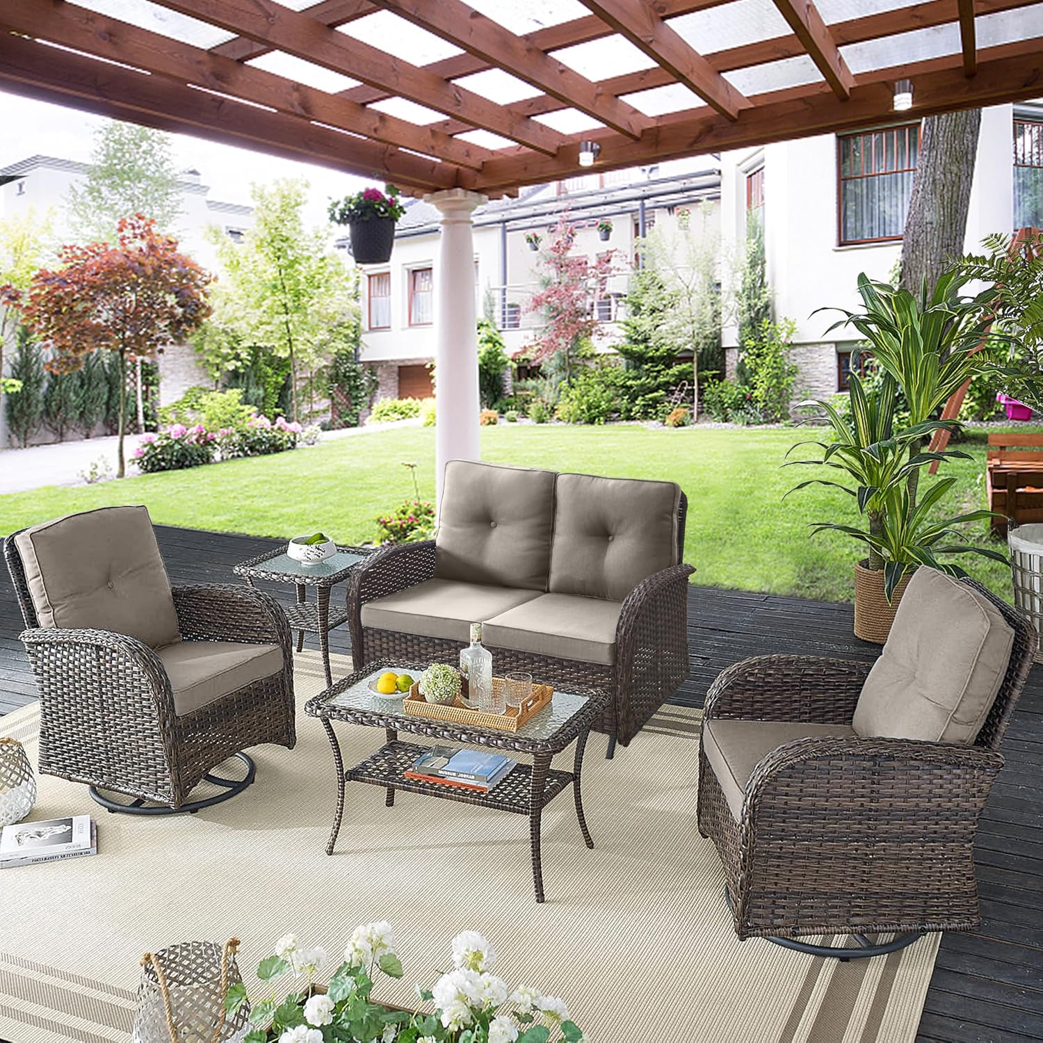 Belord 5 Piece Wicker Patio Furniture Set - Outdoor Conversation Sets with Deep Seating Swivel Rocker Chairs Loveseat and Rattan Coffee Table for Deck Backyard, Brown Wicker/Grey Cushion
