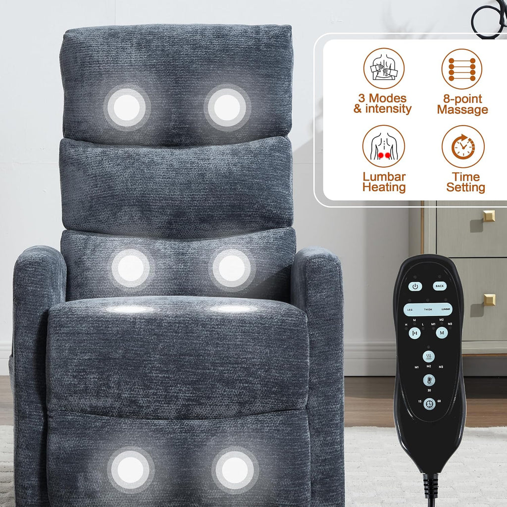 Luxlen Manual Swivel Rocker Recliner Chair with Massage, Overstuffed Recliner Glider with Vibration Massage and Heat for Nursery, Living Room Reclining Sofa Chair, Fabric Blue