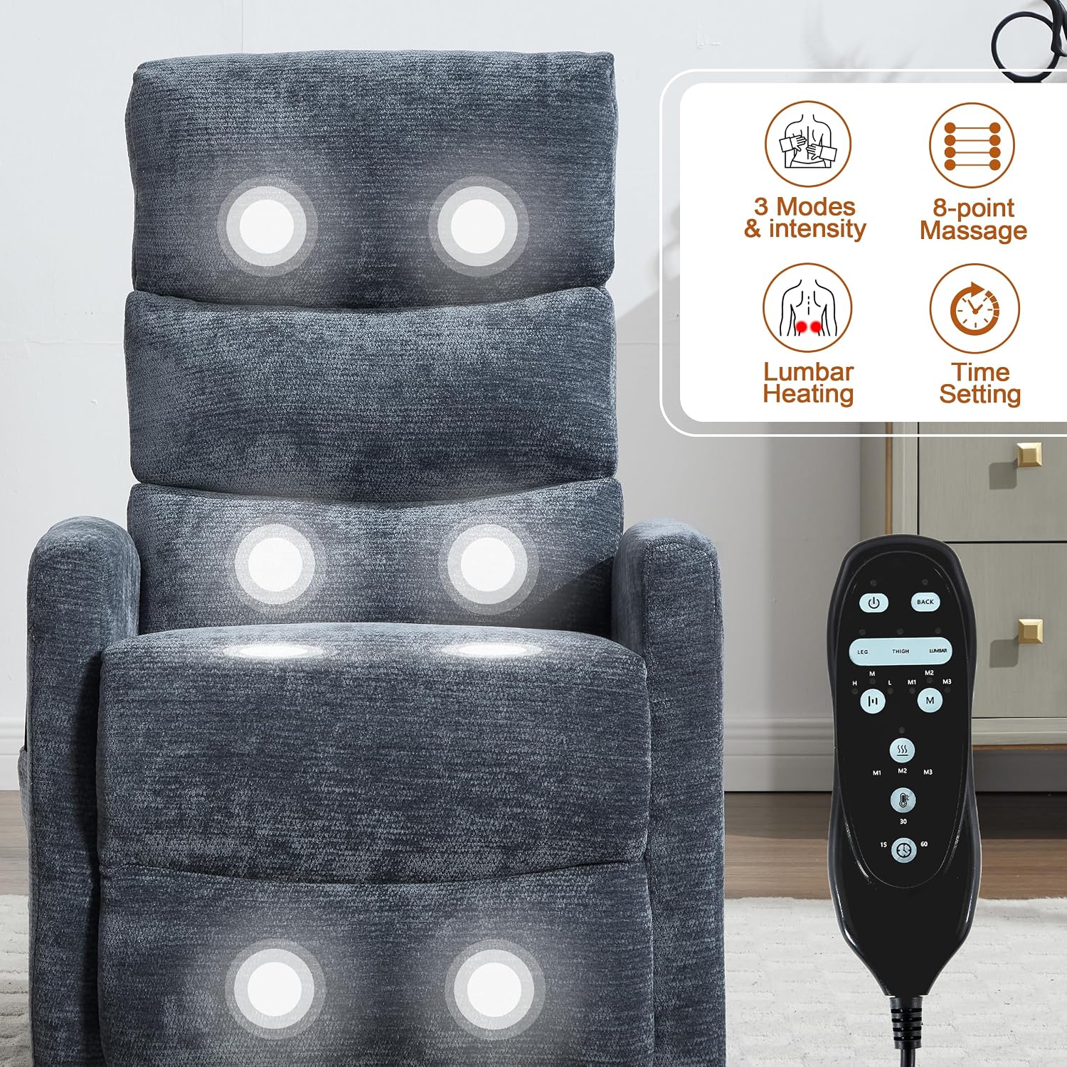 Luxlen Manual Swivel Rocker Recliner Chair with Massage, Overstuffed Recliner Glider with Vibration Massage and Heat for Nursery, Living Room Reclining Sofa Chair, Fabric Blue