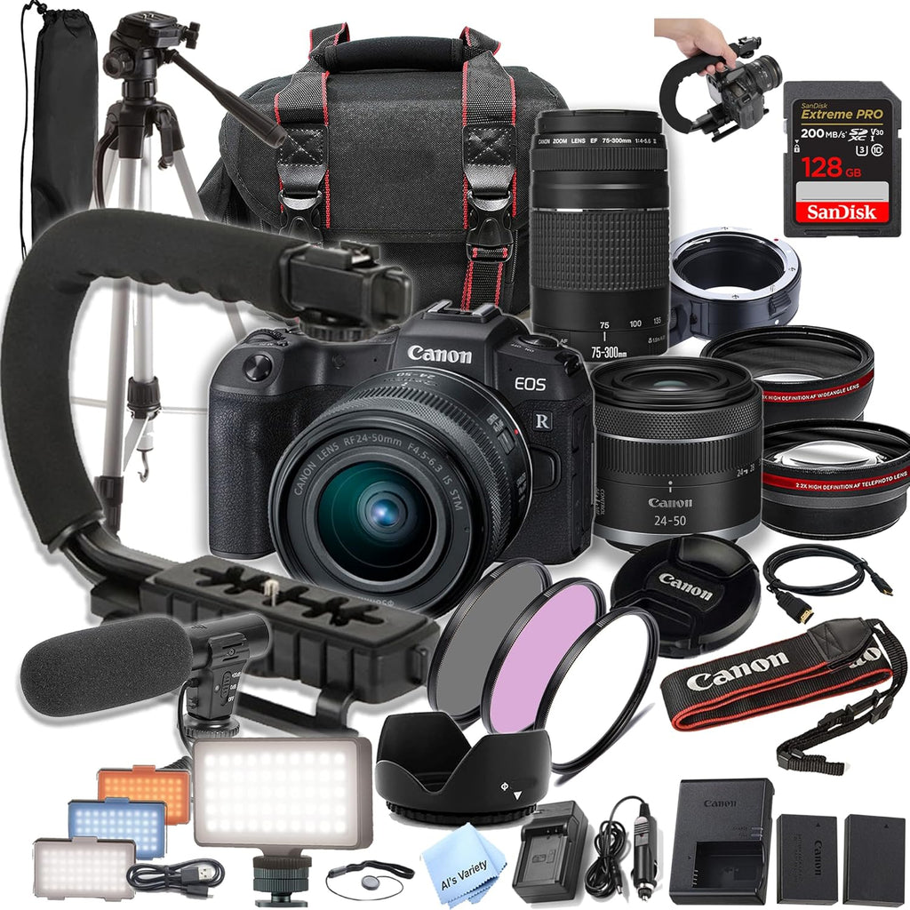 Canon EOS RP Camera Bundle with 24-50mm + 75-300mm +128GB Extreme Speed Card, U-Grip, Microphone, LED Video Light, Spare Battery, Filter Kit, More (Extreme Pro-Bundle) (Renewed)