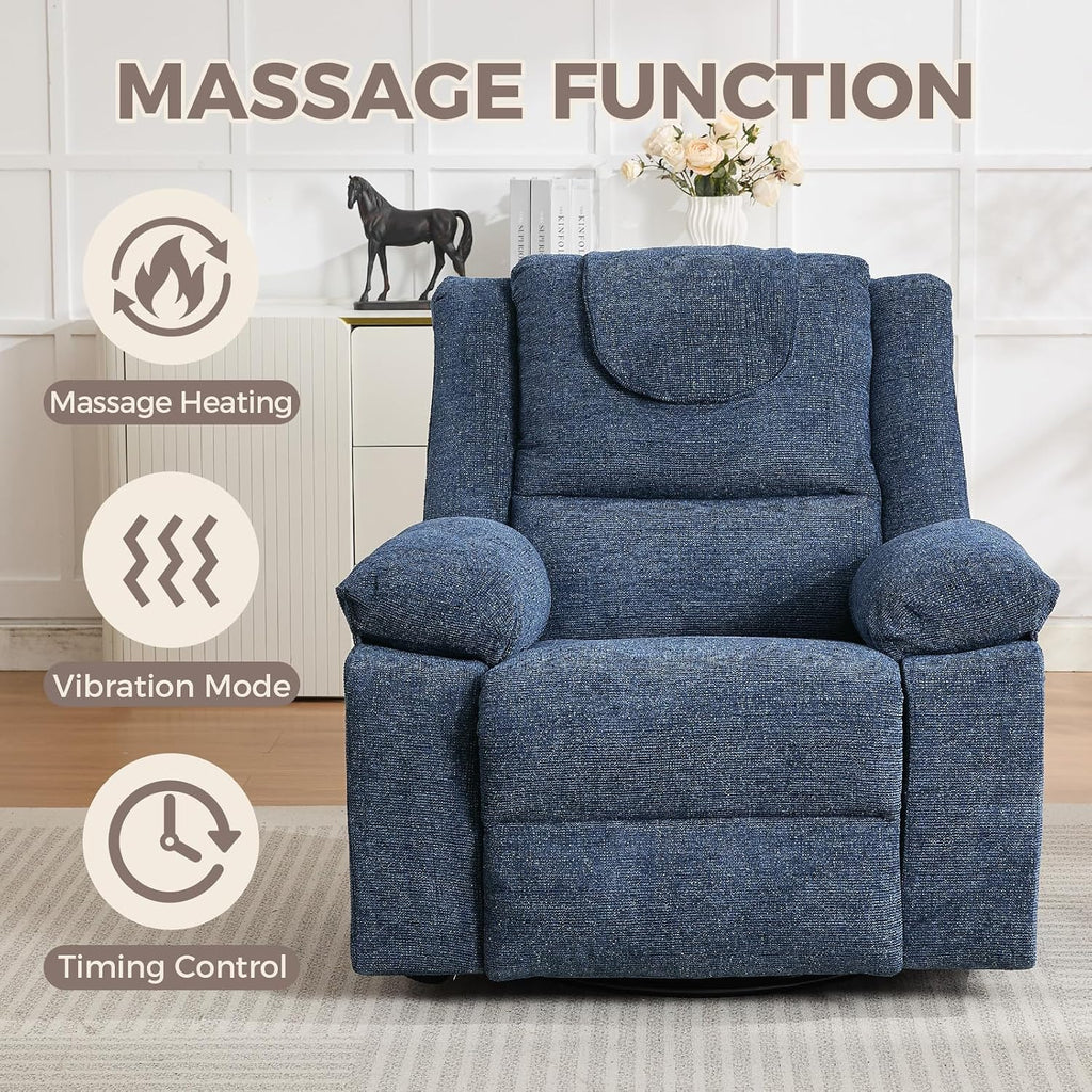 Adults Oversized Rocking Nursery Glider Recliner Chair,360° Swivel Rock Recliner Chairs Single Sofa with Vibration Massage and Heating for Living Room/Bedroom,Blue