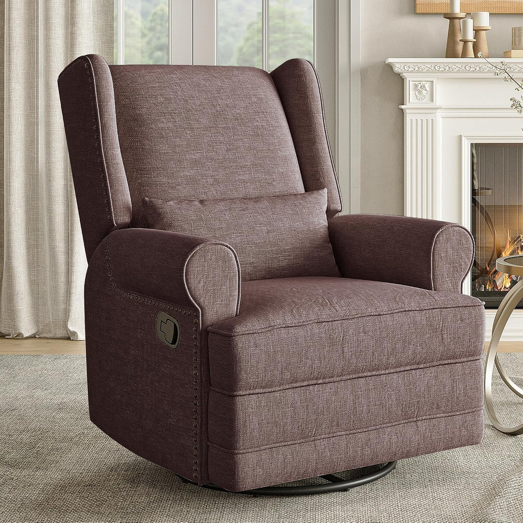 RoyalCraft Swivel Recliner Chair, Comfy Glider Rocking Chairs with Lumbar Pillow and Footrest, Upholstered Swivel Rocking Chair for Living Room, Bedroom, Brown