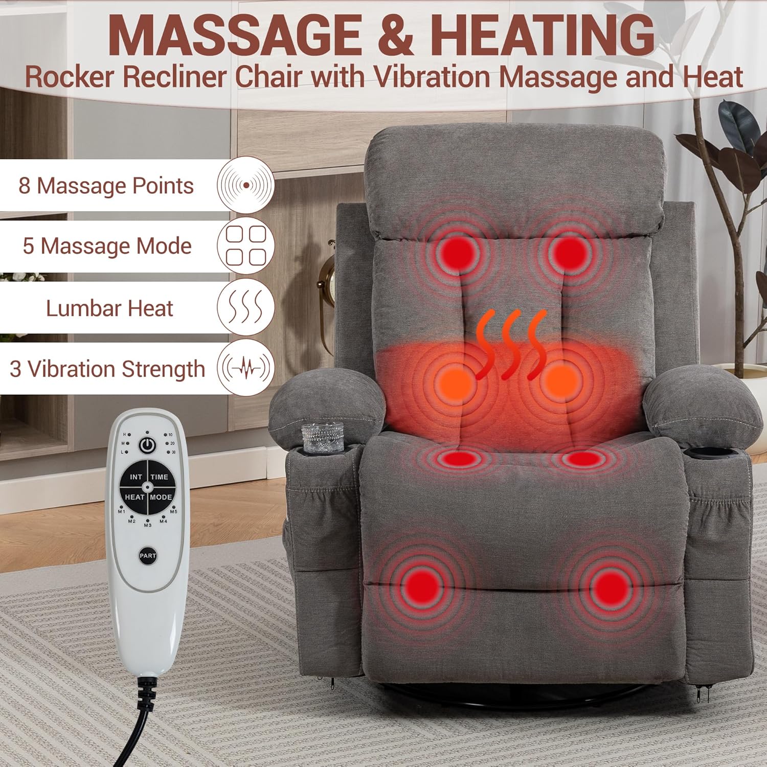 Swivel Recliner Chair for Adults w/Vibration Massage and Heating, 360° Rocker Glider Recliner w/Cup Holder and USB Charge Port for Living Room, Bedroom, Grey