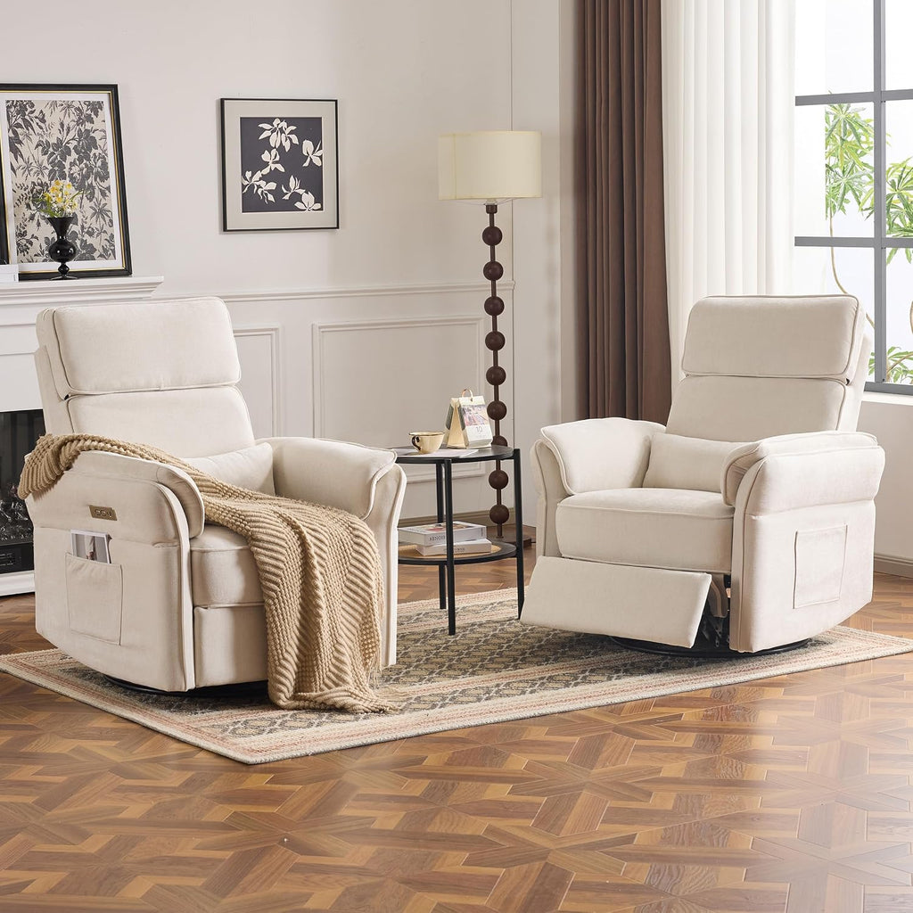 MELLCOM Power Recliner Rocking Chair Nursery Gliders with Adjustable Armrests and Headrest, Swivel Electric Glider Reclining Nursing Chair with Storage Bags and USB Port, FSC Certified,Beige Fabric