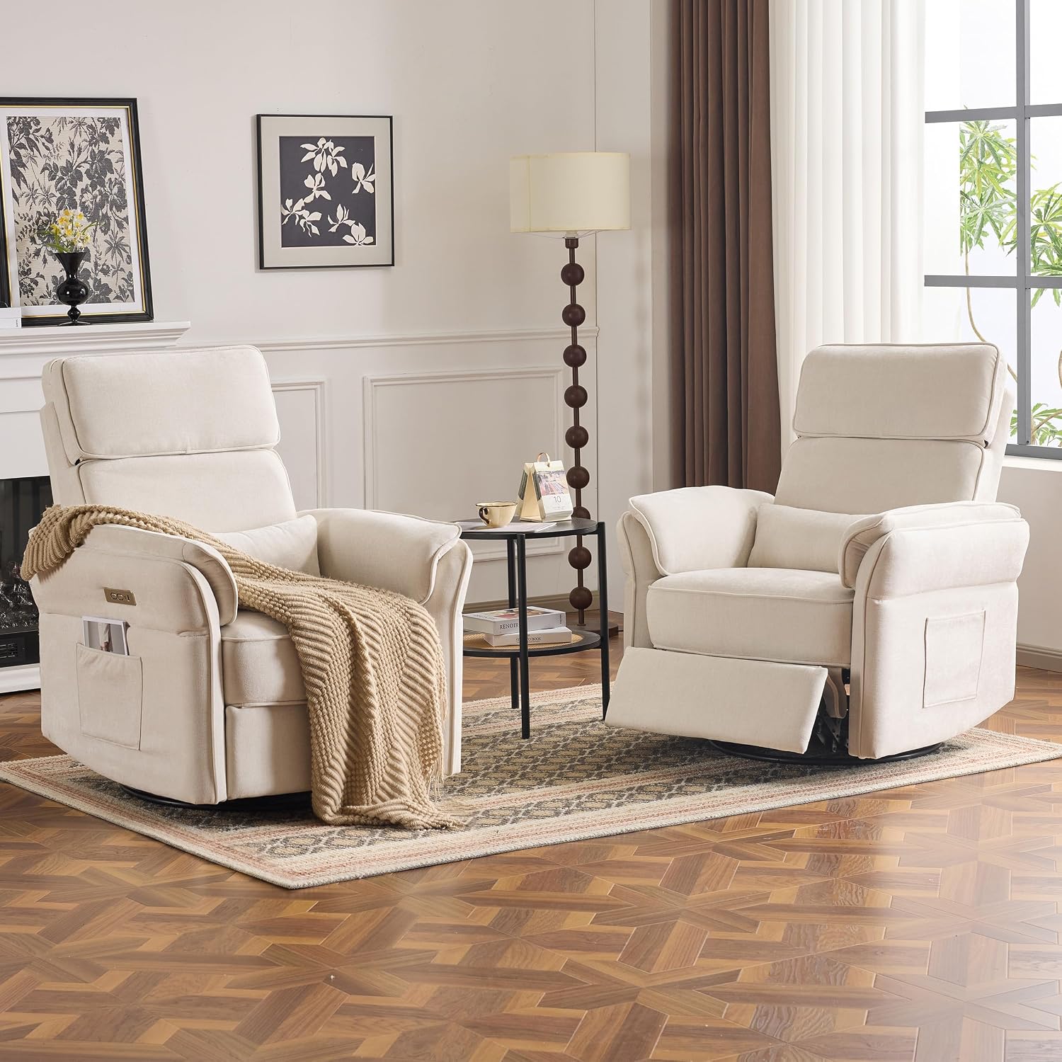 MELLCOM Power Recliner Rocking Chair Nursery Gliders with Adjustable Armrests and Headrest, Swivel Electric Glider Reclining Nursing Chair with Storage Bags and USB Port, FSC Certified,Beige Fabric