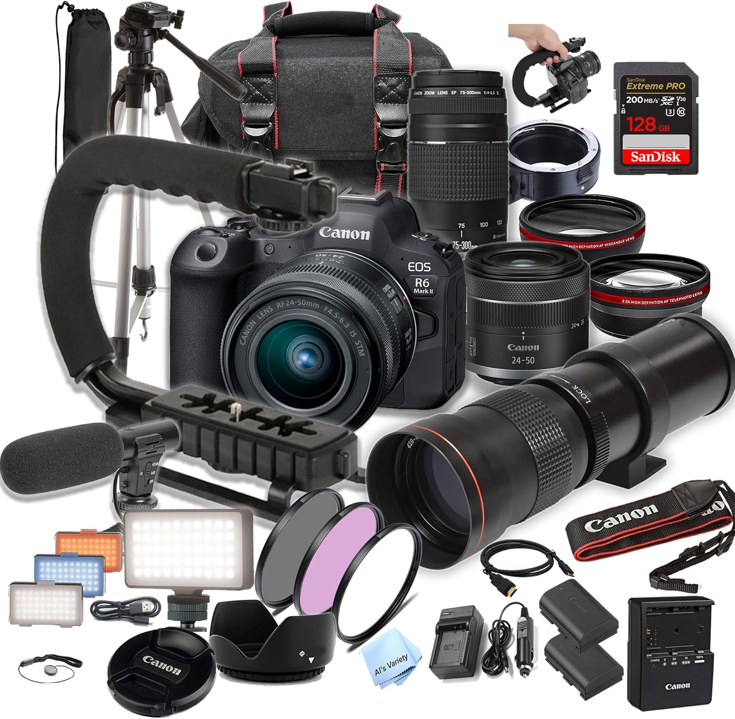 Canon EOS R6 Mark II with 24-50mm + 75-300mm + 420-800mm Super Telephoto Lens +128GB Extreme Speed, U-Grip, Microphone, LED Light, Spare Battery, Filter Kit, More (Extreme Pro-Bundle) (Renewed)