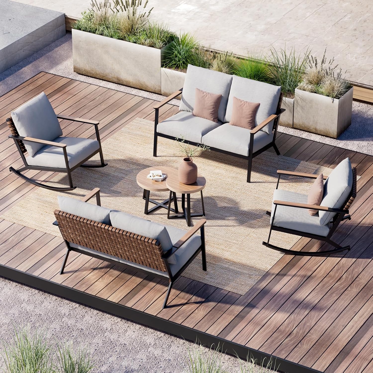 Grand patio Outdoor Rocking Chairs, 6-Piece Leather-Look Patio Bistro Set Outdoor Furniture Conversation Sets with Loveseat, 2 Rocking Chairs and 2 Faux Wood Grain Coffee Table, 4.75'' Grey Cushions