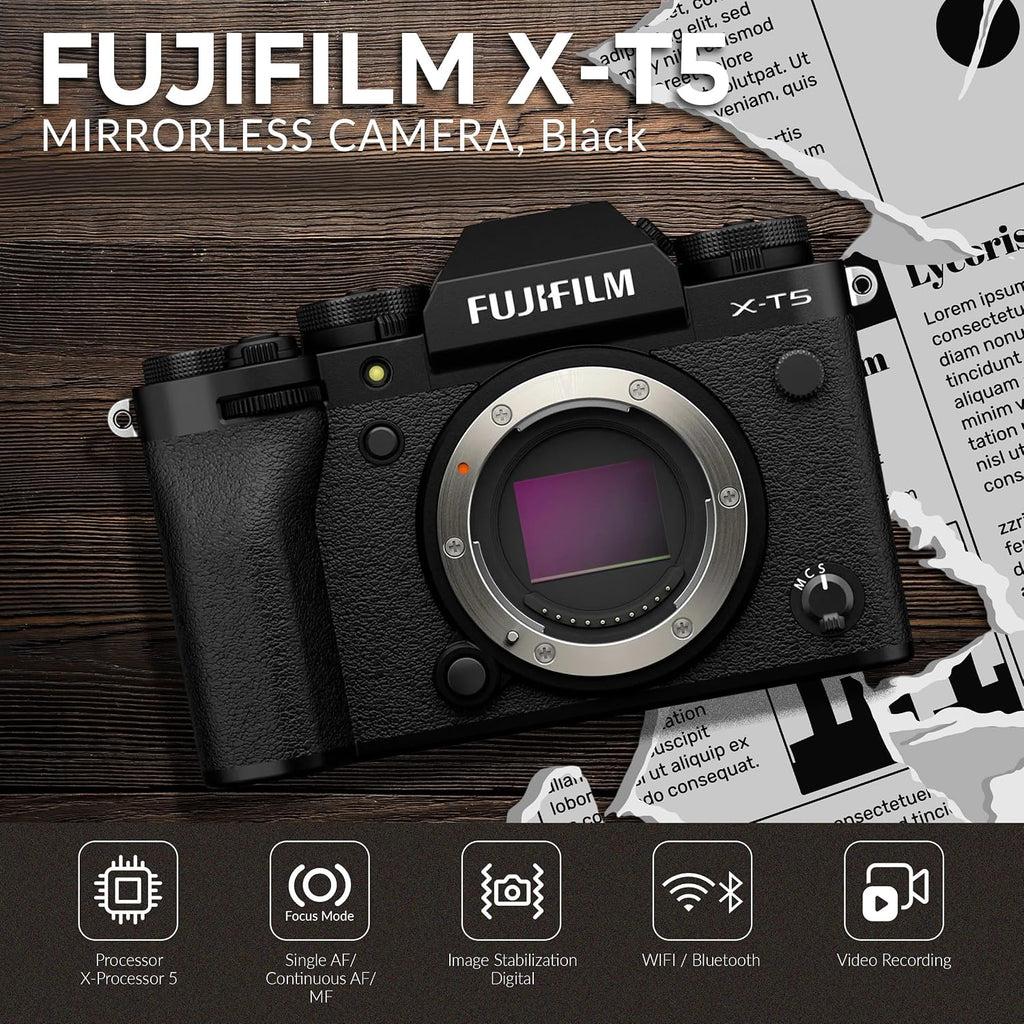 X-T5 Mirrorless Camera, Silver Bundle with 128GB SD Card, Extra Battery, Complete Cleaning Kit, Fujifilm 1-Year Limited Warranty, Black