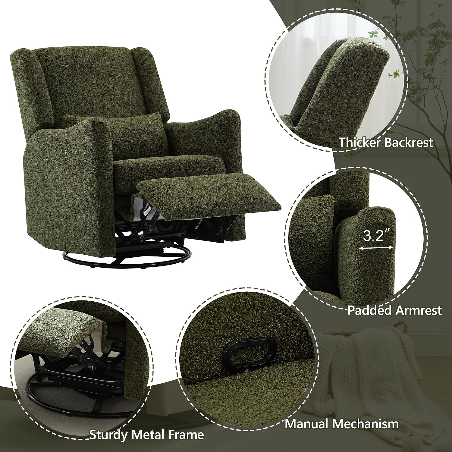 JIVOIT Modern Swivel Rocker Recliner Chair, 29.5'' Wide Wingback Swivel Rocker Recliner Chair, Linen Fabric Rocking Chair Nursery Chair for Living Room, Apartment (Seaweed Green/79)