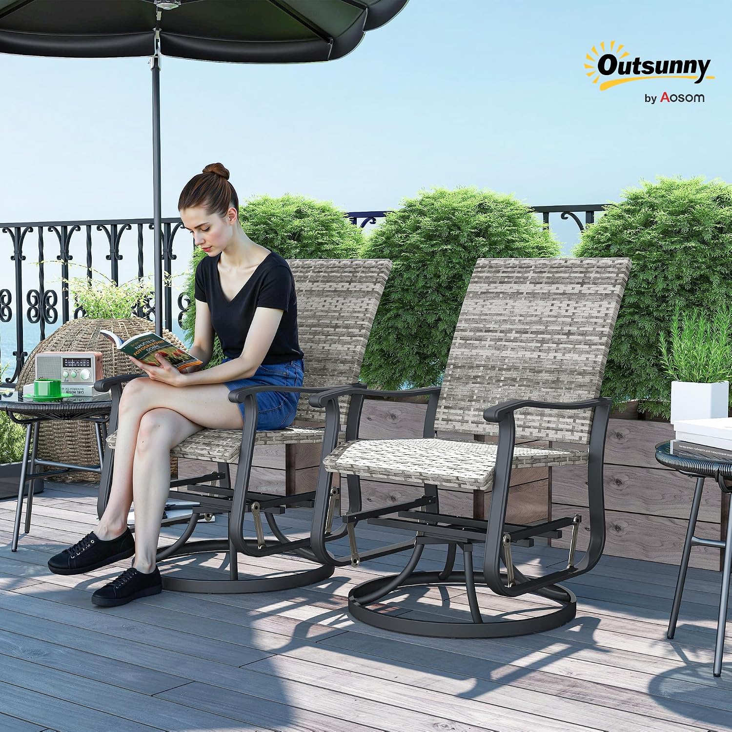 Outsunny Patio Glider Chair Set of 2, Wicker Rattan Outdoor Swivel Chair with Steel Frame, High Back, Armrests, Porch Glider with Adjustable Foot Pads for Garden, Lawn, Backyard, Yellow